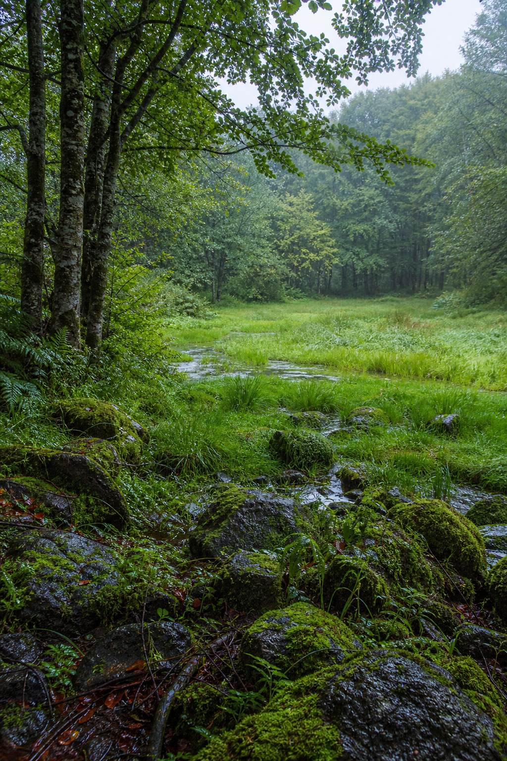 Buchenwald und feuchte Weide nach Regen in der Vulkaneifel