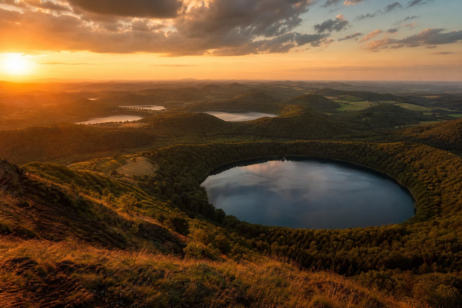 Blick über mehrere Maare und Hügelketten der Vulkaneifel am späten Nachmittag