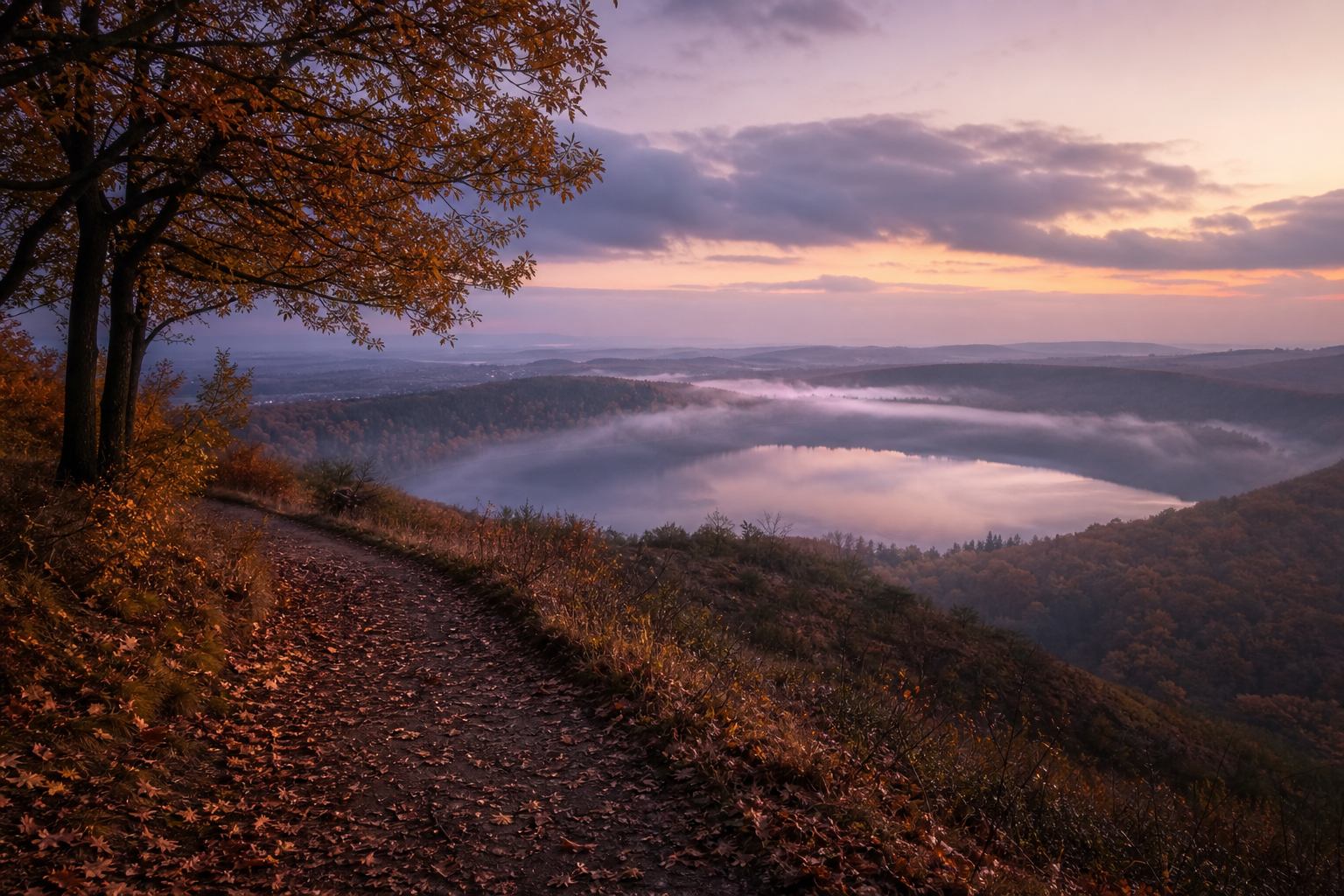 Kupferfarbenes Herbstlicht und Nebel über einem Maar in der Eifel